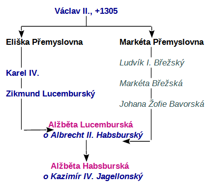 Schéma propojení rodových linií Elišky a Markéty