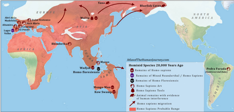 Nahoře stav před 20 tisíci lety, dole před 12 tisíci.  Na světě jsou již jen moderní lidé a jsou osídleny téměř všechny pevninské části Země . Na severu brání širšímu osídlení ledovec, který je ale v této době již na ústupu.