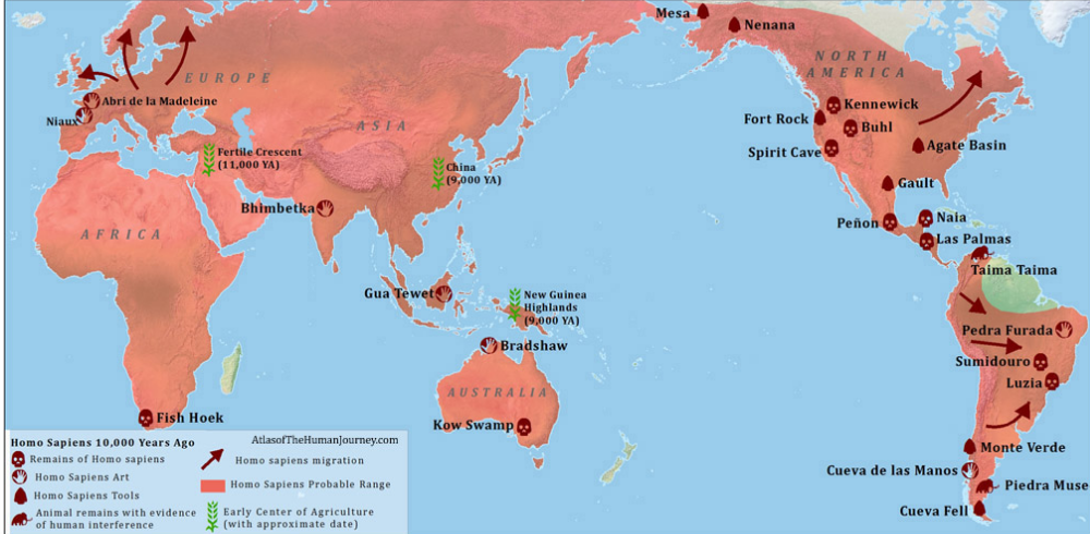 Stav před 10 tisíci lety s vyznačenými prvními zemědělskými oblastmi. Ledovec zmizel a jsou osídleny i severní oblasti. A ještě z této doby jsou nálezy mamutů v jižní Americe.