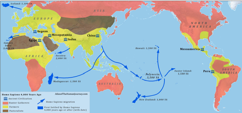 Stav před 4.000 lety – na Zemi již žije asi 20 milionů obyvatel a krom několika ostrovů je již celá osídlená. Žlutě jsou označeny zemědělské oblasti, hnědě zase oblasti s převahou pastevectví a chovatelství. A také se již začíná rozvíjet mořeplavectví.