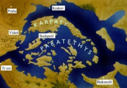 Mapa střední Evropy na konci třetihor
